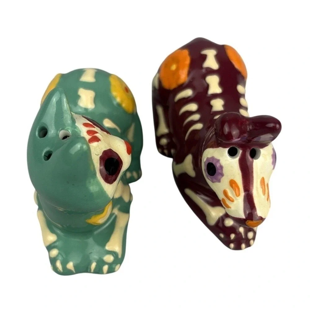 Day Of The The Dead Skull Cat Skull Dog Salt & Pepper Ceramic Dia De Los Muertos